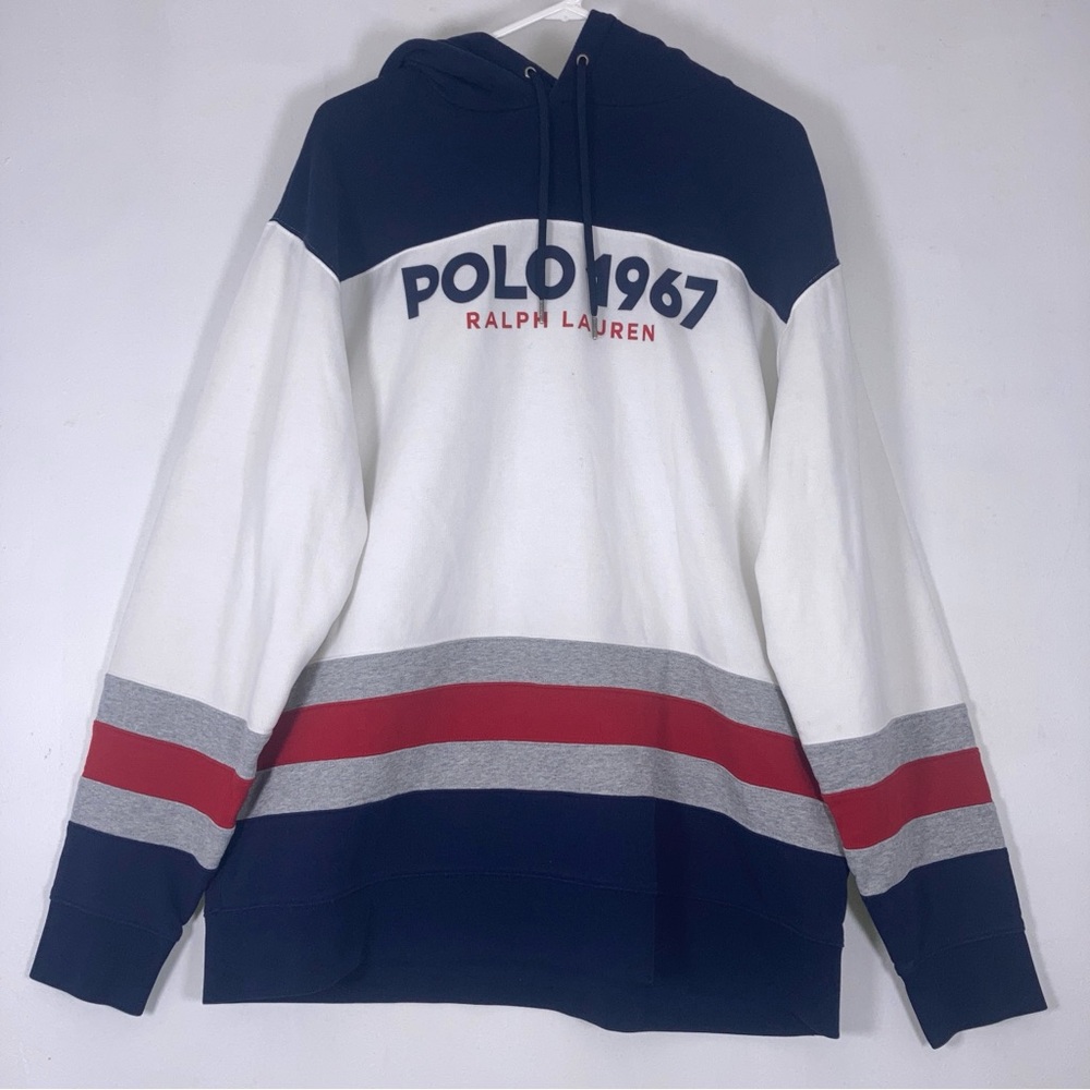 Polo Ralph Lauren Pullover Hoodie Big Logo Front 1967 XLT Red Navy White - Picture 1 of 15
